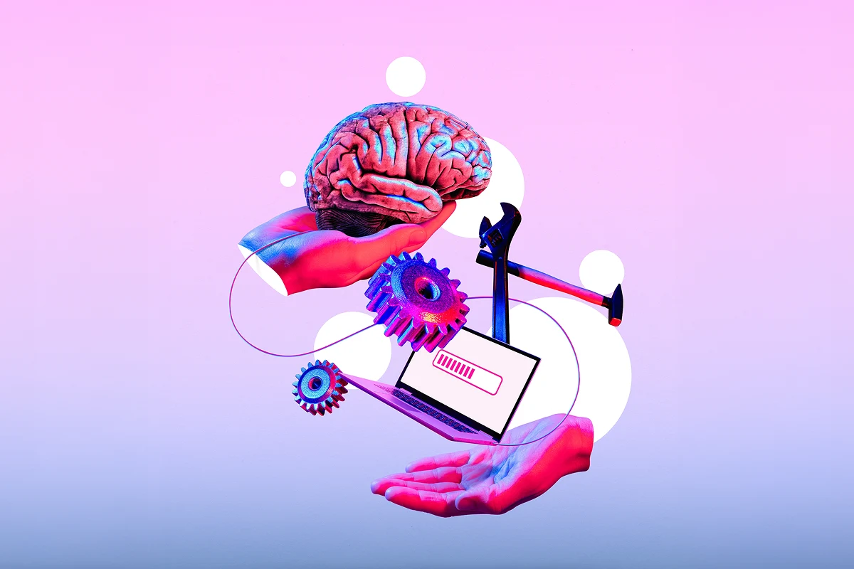 Illustration cerveau ordinateur et main