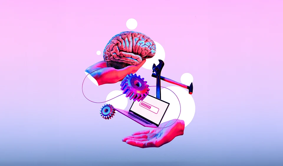 Illustration charte ia, cerveau ordinateur main